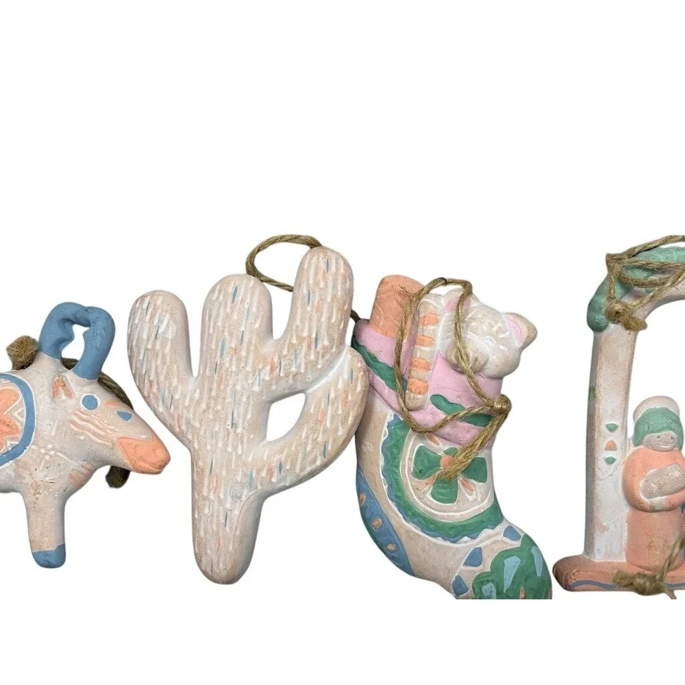 Vintage Southwestern Ceramic Ornaments Set 11 Pastel Terra Cotta Cactus Boot Art